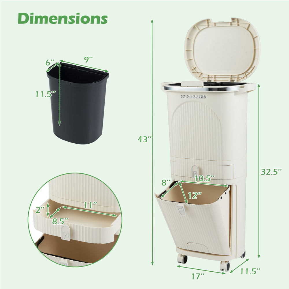 Dimensions of the 11-gallon beige kitchen trash can, highlighting its ergonomic height and space-saving design for easy.