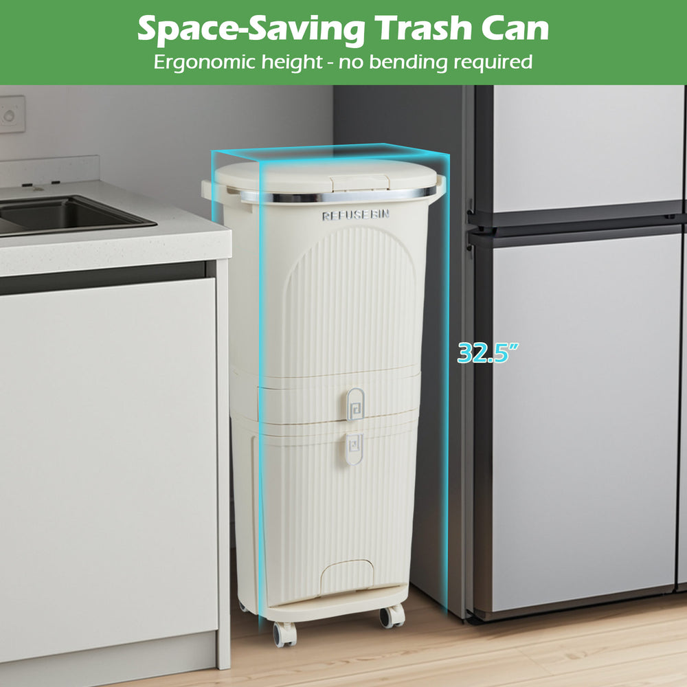 11-gallon beige kitchen trash can with ergonomic height, featuring dual buckets and retractable pedal for easy waste.
