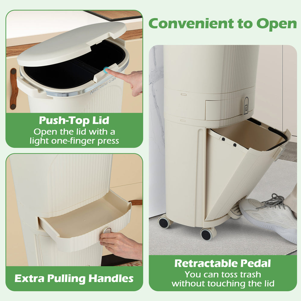11-gallon beige kitchen trash can with push-top lid, retractable pedal, and dual removable buckets for waste sorting.