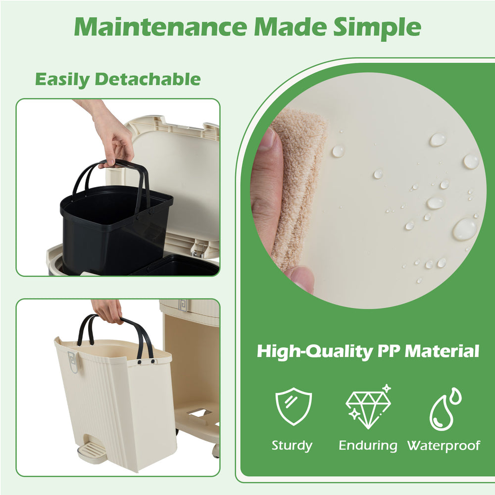 11-gallon beige kitchen trash can with detachable buckets, sturdy PP material, and waterproof design for easy.