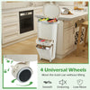 11-gallon beige kitchen trash can with lid, featuring 4 universal wheels for easy movement and dual removable buckets.