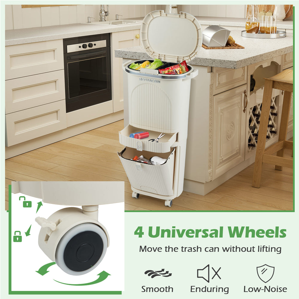 11-gallon beige kitchen trash can with lid, featuring 4 universal wheels for easy movement and dual removable buckets.