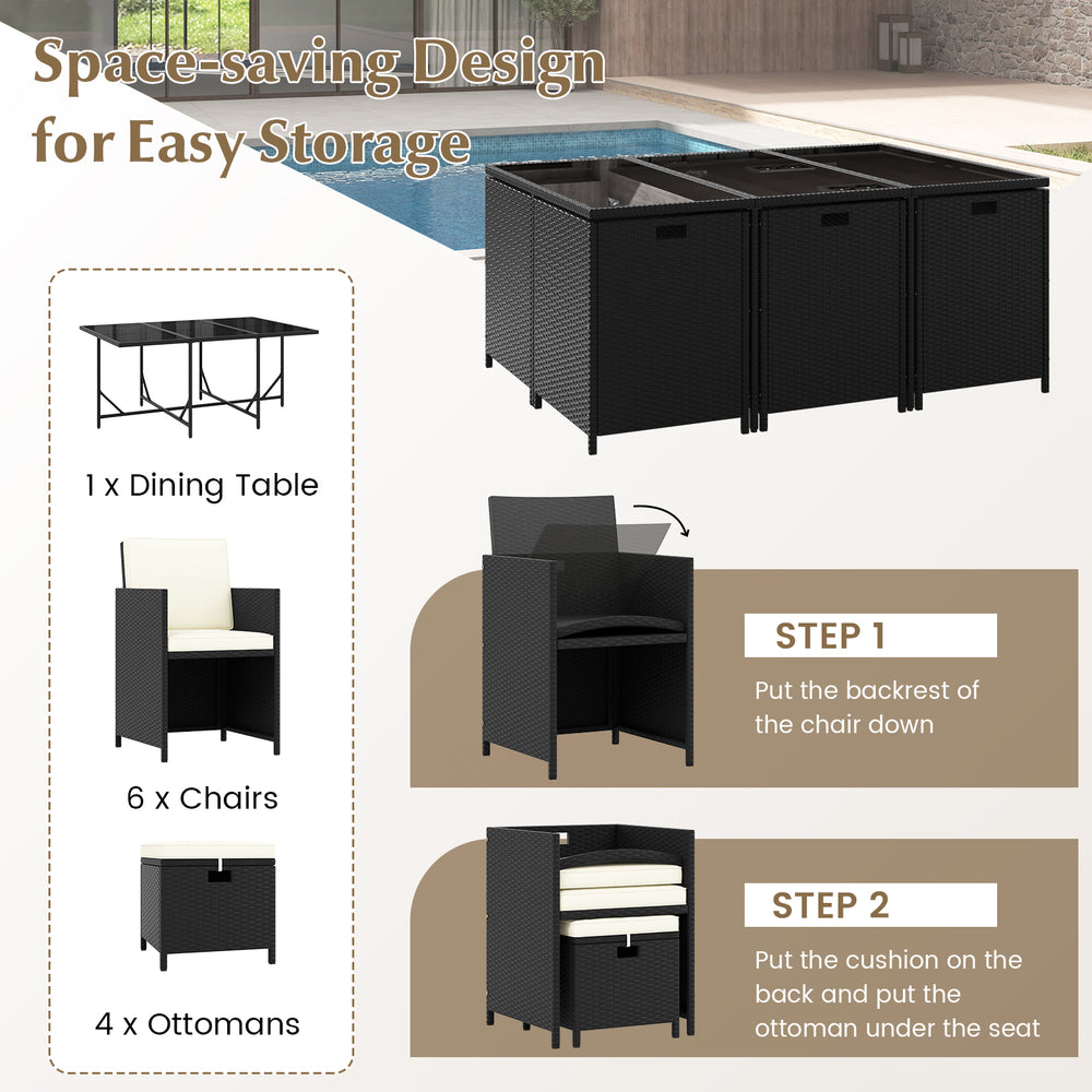 11-piece patio dining set featuring black wicker chairs, tempered glass table, and waterproof cushions for outdoor.