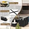 Detail of the robust metal frame and high-strength tempered glass tabletop of the 11-piece patio dining set.