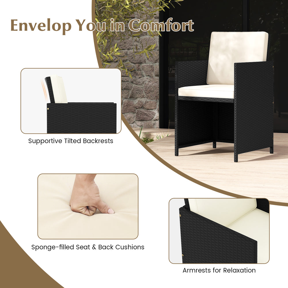 Supportive tilted backrest and armrests of a wicker chair from the 11 Piece Patio Dining Set for relaxation.