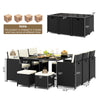 11-piece black and white patio dining set with wicker chairs, tempered glass table, and waterproof cushions for outdoor.