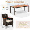 Patio dining set with acacia wood tabletop and stackable chairs, featuring dimensions for outdoor space planning.
