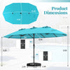 15ft double-sided turquoise patio umbrella with dimensions, featuring a sturdy base for outdoor dining set stability.