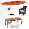 Patio dining set featuring a 15 ft orange LED umbrella, hand-woven PE rattan chairs, and solid acacia wood table for.