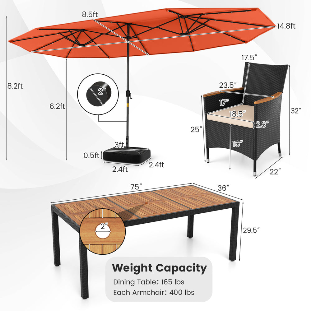 Patio dining set featuring a 15 ft orange LED umbrella, hand-woven PE rattan chairs, and solid acacia wood table for.