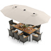 11-piece patio dining set featuring a large acacia wood table, 8 chairs, and a 15 ft double-sided umbrella for outdoor.