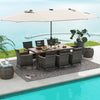 11-piece patio dining set featuring a large acacia wood table, 6 chairs, and a 15 ft double-sided umbrella for outdoor.