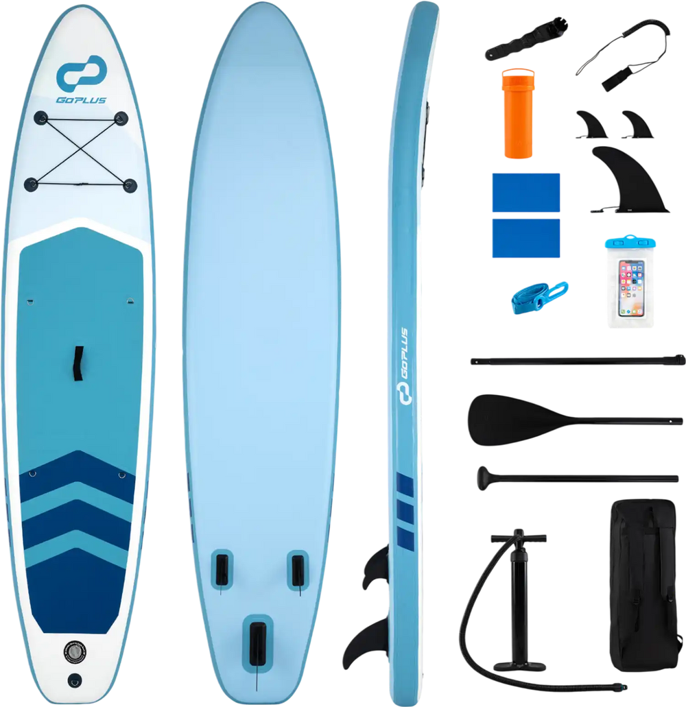 11' inflatable stand-up paddle board in dark blue with removable fins and backpack, ideal for all skill levels.