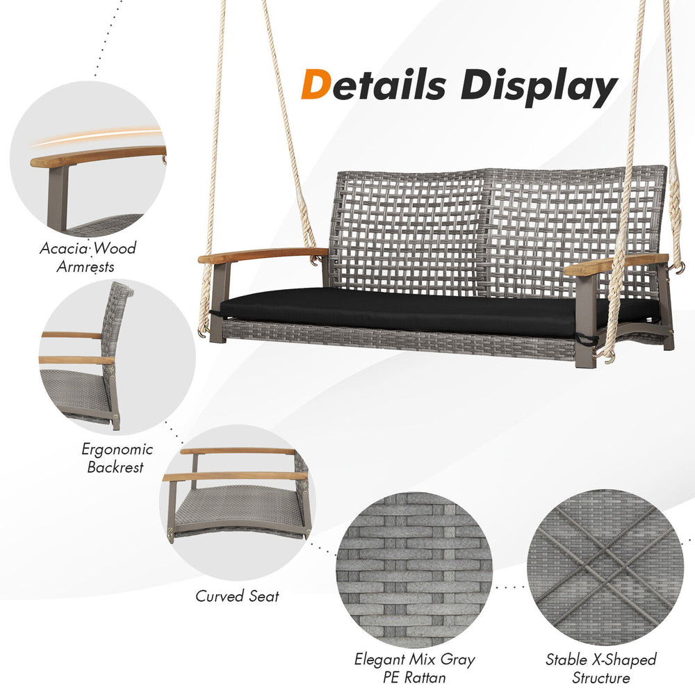 2-person patio wicker hanging swing chair with acacia wood armrests and elegant mix gray PE rattan for outdoor comfort.