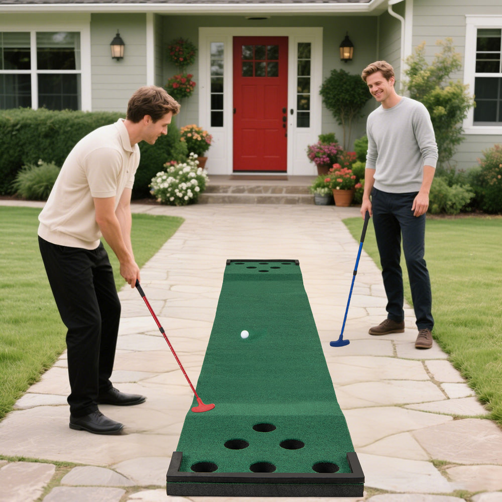 Indoor outdoor putting green mat with two players, adjustable putters, and six balls for backyard fun and entertainment.