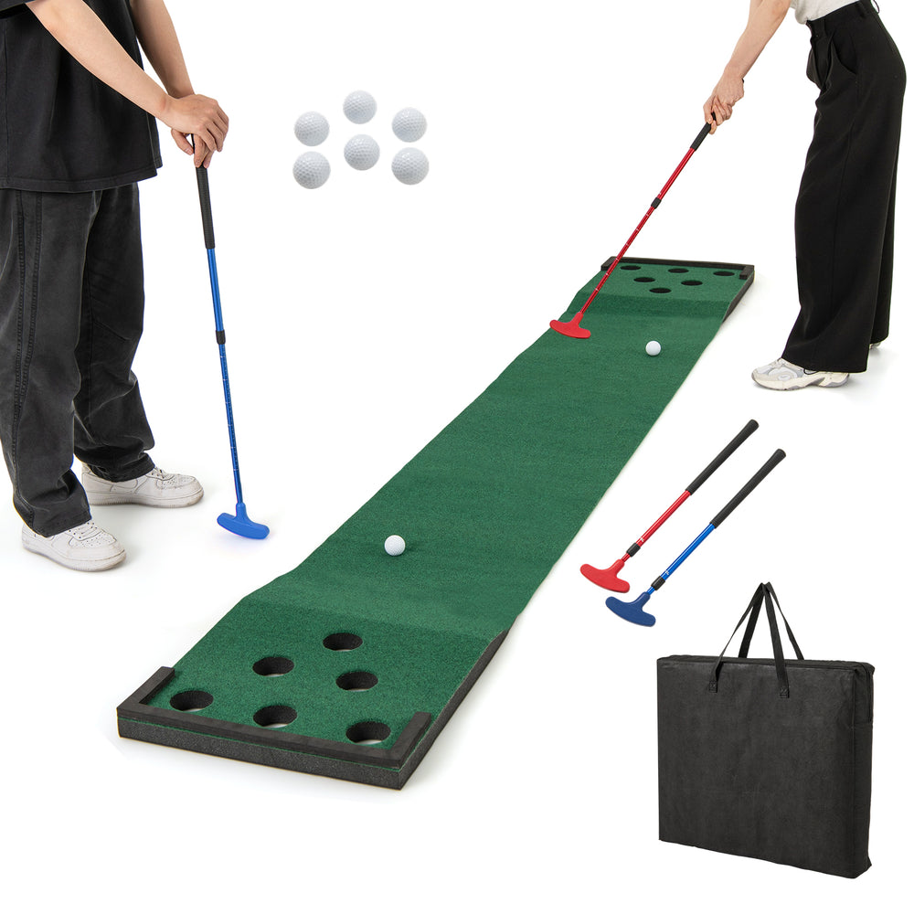 Indoor outdoor putting green mat with adjustable putters, golf balls, and foam slopes for fun gameplay at home or.