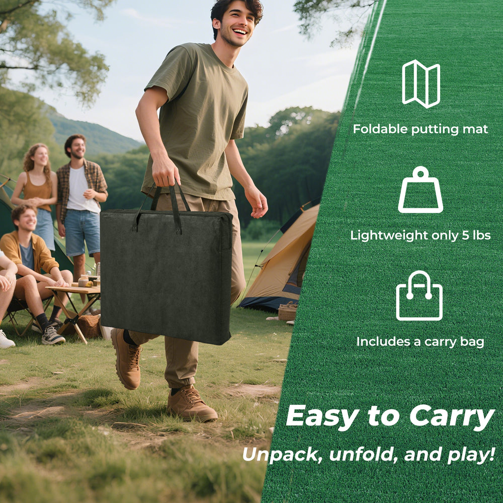 Foldable putting mat with carry bag, includes 2 adjustable putters and 6 balls, perfect for indoor and outdoor fun.