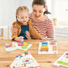 Close-up of a colorful dinosaur activity wall busy board for toddlers, showcasing a rotary gear and shape.
