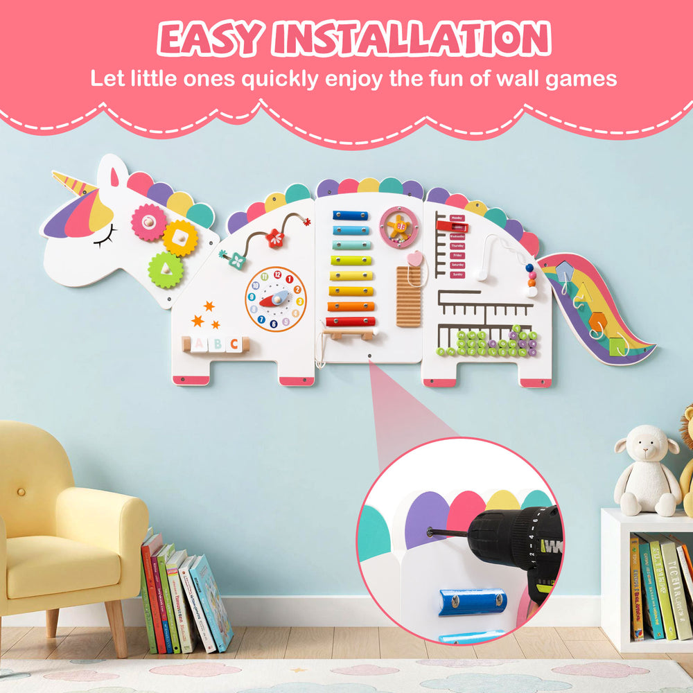 Colorful 11-in-1 dinosaur activity wall busy board for toddlers, featuring musical xylophone and fine motor skill games.