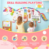 Colorful dinosaur activity wall busy board with 11 learning activities for toddlers, promoting skill-building and fun.