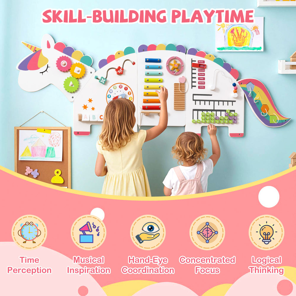 Colorful dinosaur activity wall busy board with 11 learning activities for toddlers, promoting skill-building and fun.