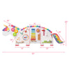 Colorful dinosaur activity wall busy board for toddlers showcasing a sliding maze, clock, and abacus for skill.