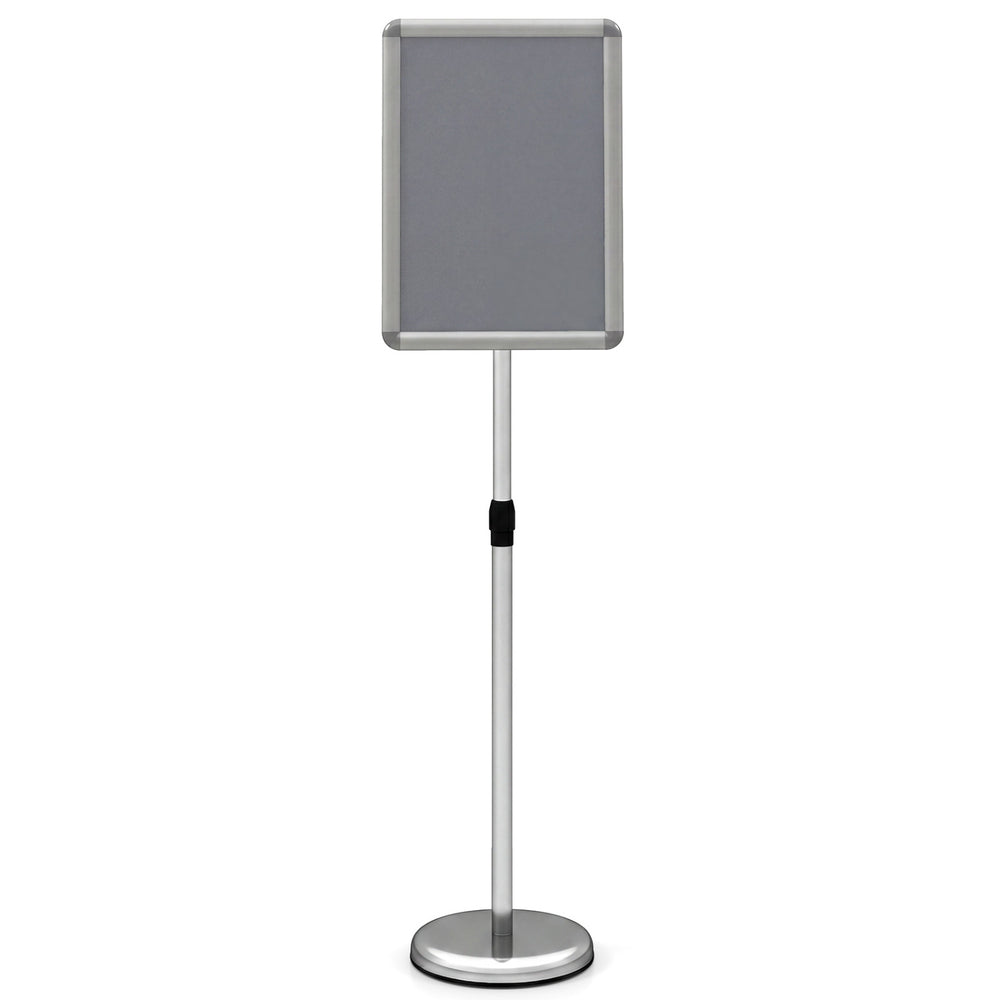 Height adjustable floor standing sign holder stand with snap-open frame, suitable for indoor and outdoor signage displays.