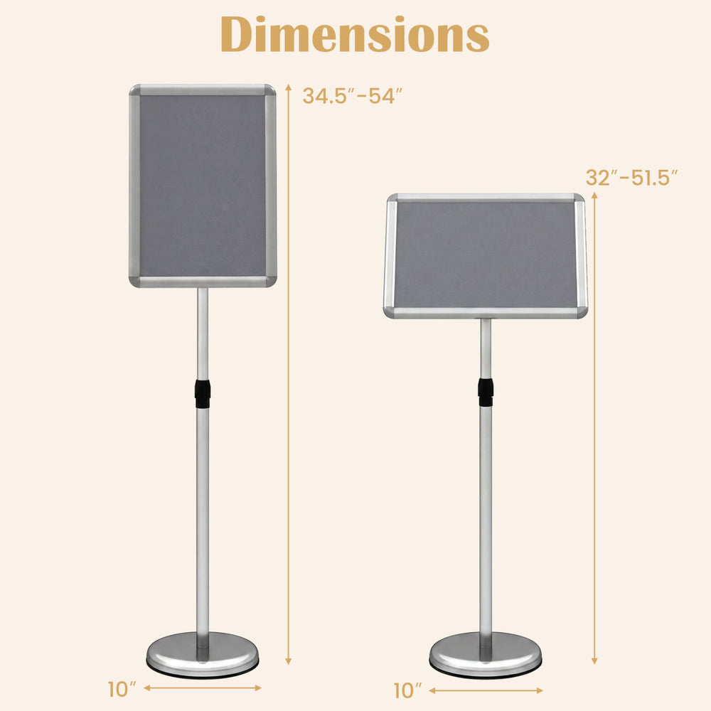 Height adjustable SUPERBUY sign holder stand with a snap-open frame, suitable for indoor and outdoor signage display.