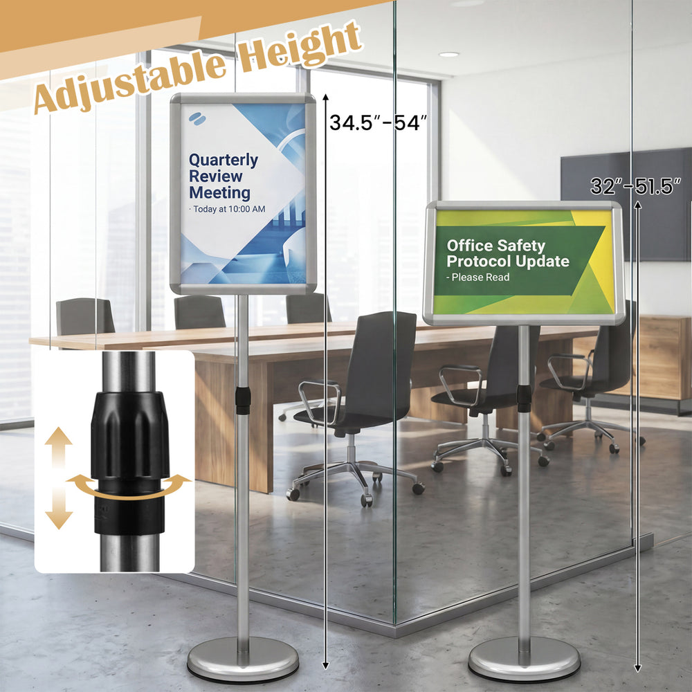 Height adjustable SUPERBUY sign holder stand with snap-open frame, suitable for displaying signs in various settings.