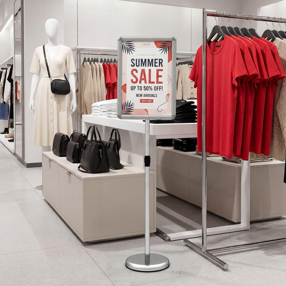 Height adjustable SUPERBUY sign holder stand with snap-open frame, ideal for displaying ads in malls and restaurants.