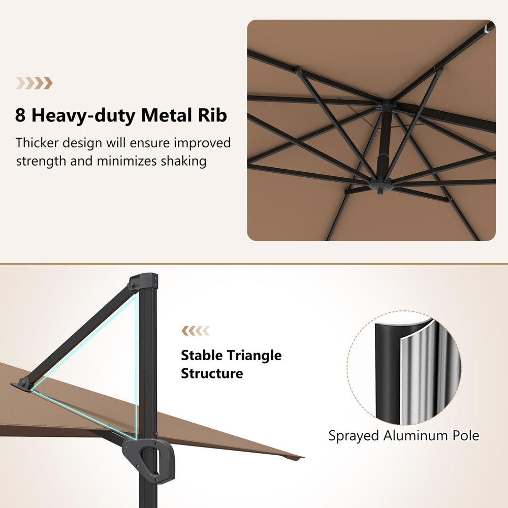 Heavy-duty metal ribs and sprayed aluminum pole of the 11 x 9 FT cantilever patio umbrella for durable outdoor use.