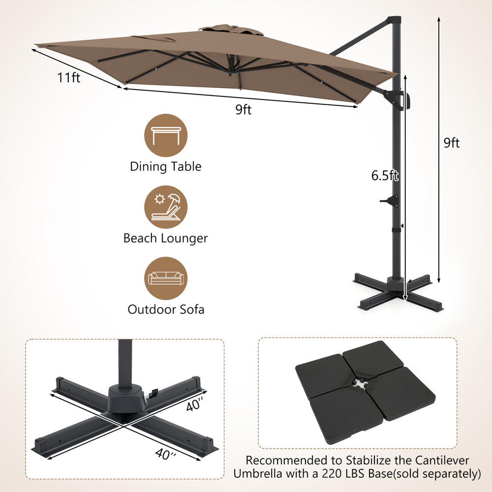11x9 FT brown cantilever patio umbrella with 360° rotation and easy tilt adjustment for versatile outdoor shade.