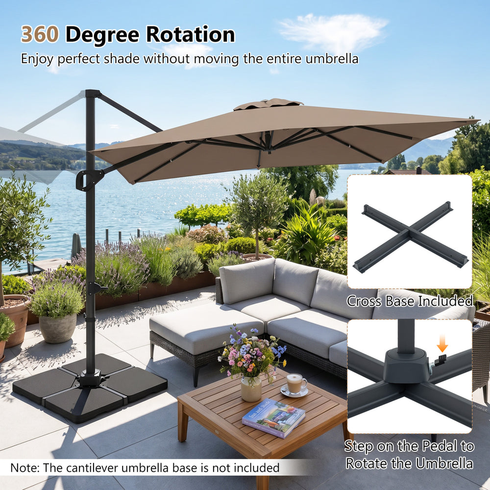 Brown 11 x 9 FT cantilever patio umbrella with 360° rotation, featuring a double-tier vented canopy for stability.