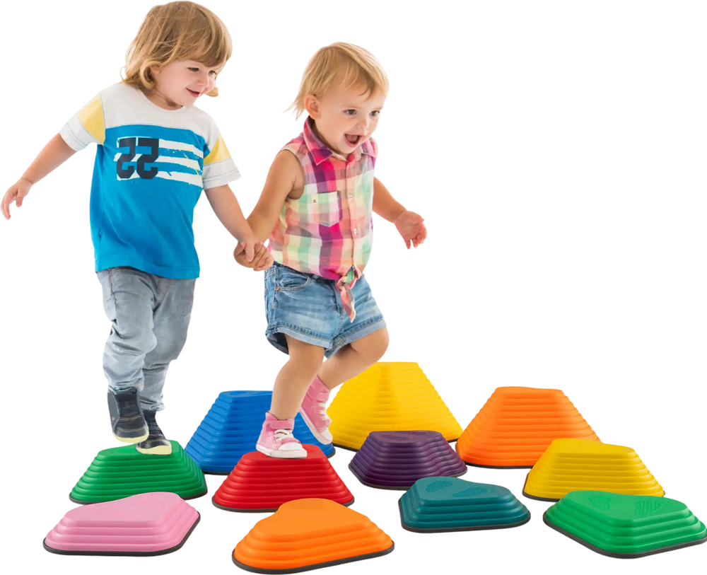 Colorful 11-piece kids stepping stones set for balance practice, featuring various sizes and steepness for indoor and.