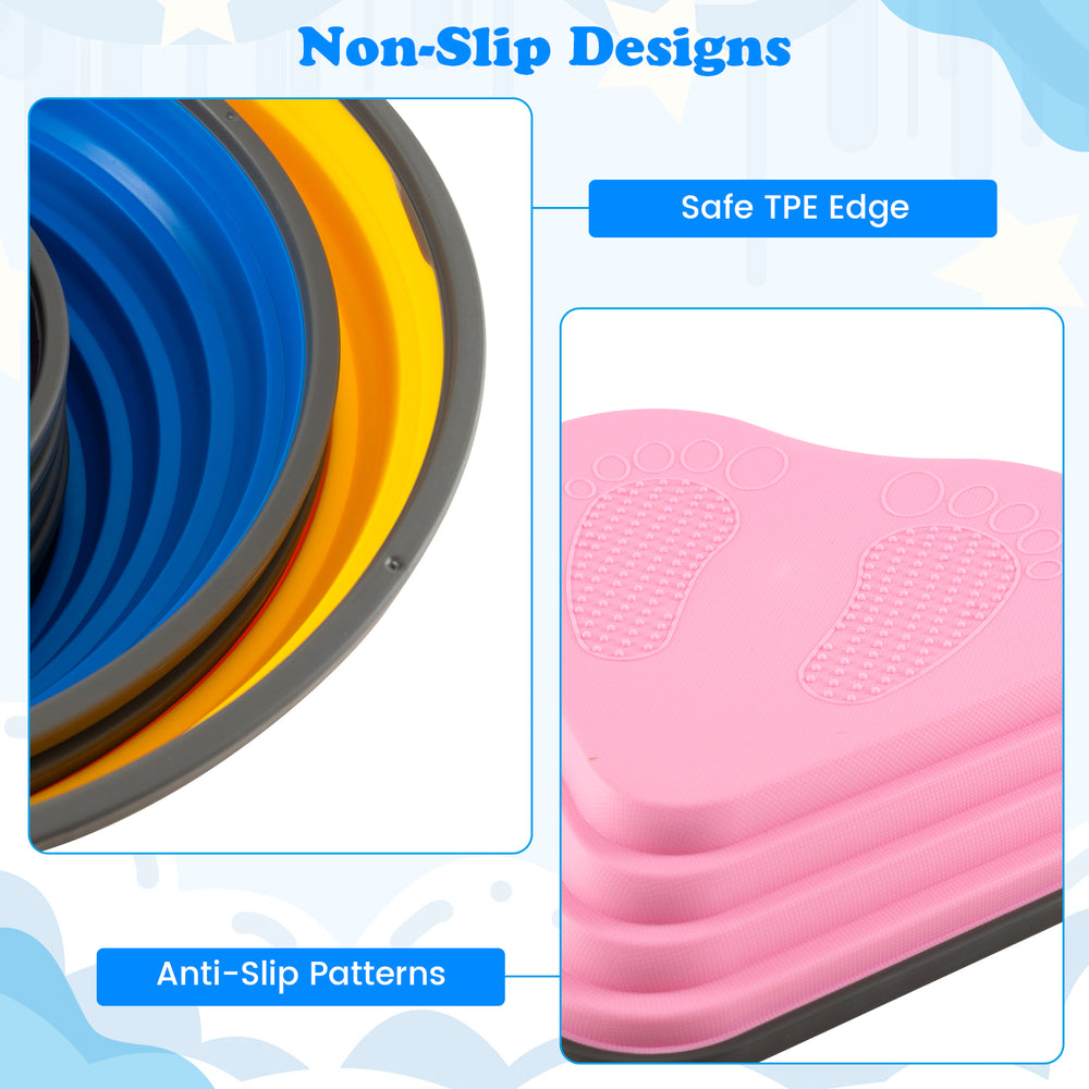 Heart-shaped kids stepping stones in multicolor, featuring anti-slip patterns and safe TPE edges for indoor and outdoor.