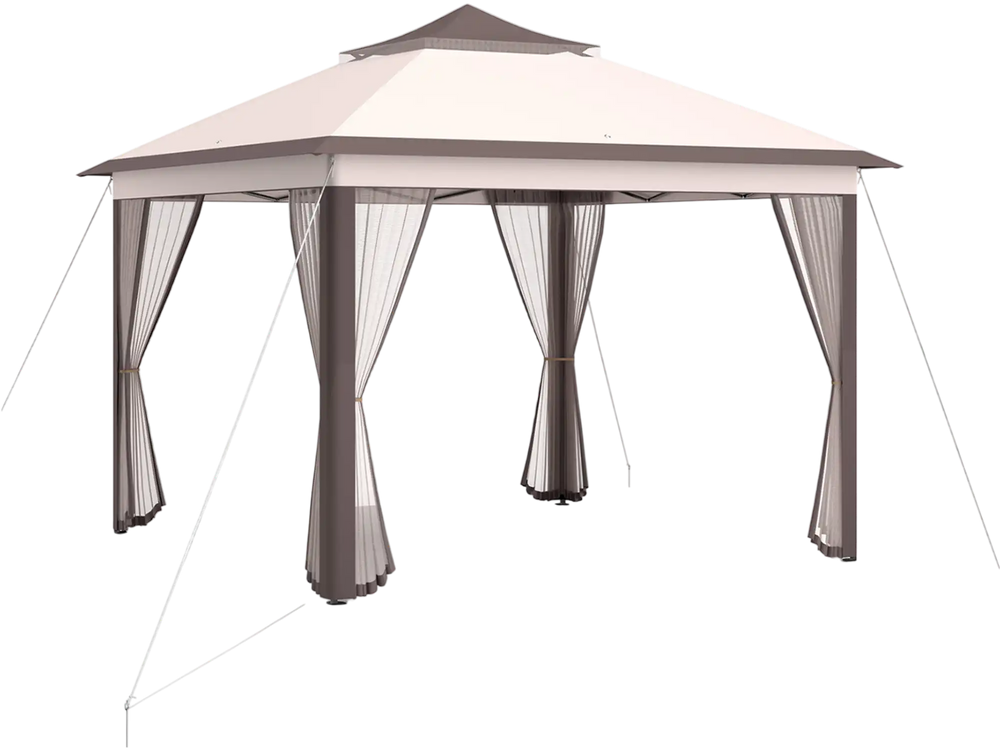 2-tier pop-up gazebo tent in beige with mesh screens, perfect for outdoor shade and insect protection. Ideal for events.