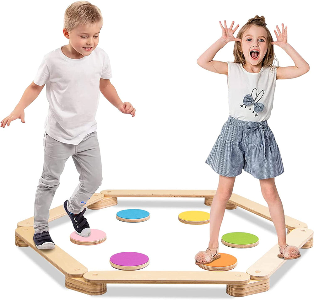 Kids balancing on a colorful wooden balance beam set with stepping stones, promoting creativity and motor skills.