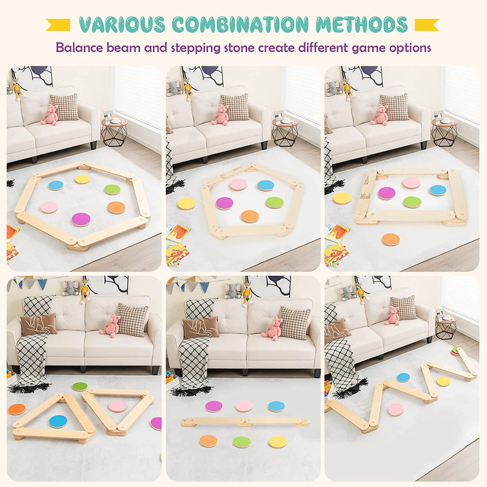 Colorful stepping stones and wooden balance beams arranged in various configurations for kids' imaginative play and.