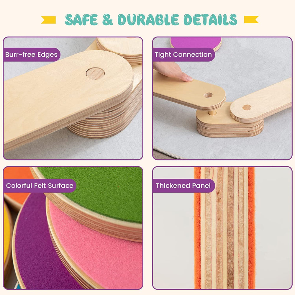 Colorful felt surface and thickened panels of the 12-piece kids wooden balance beam set for safe play and creativity.