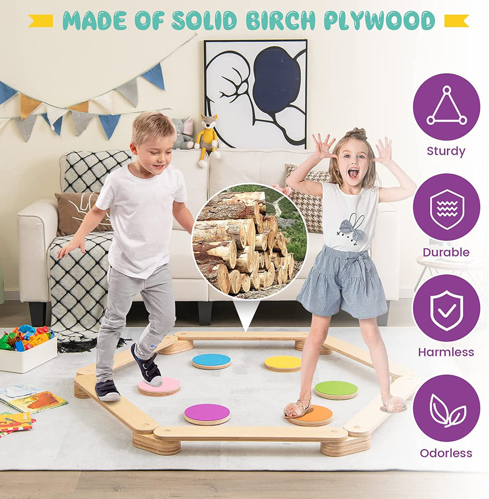 Colorful stepping stones and balance beams made of sturdy birch plywood, perfect for kids' imaginative play and motor.