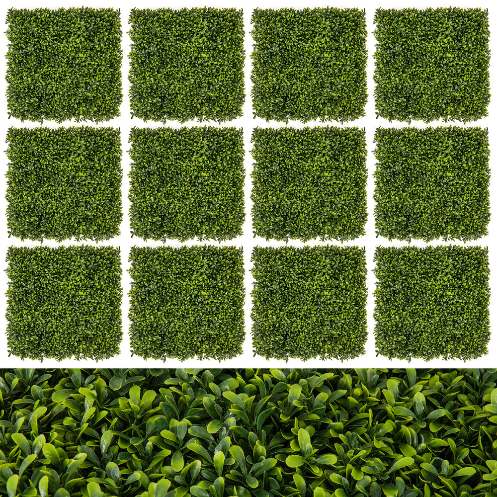Twelve 20" x 20" artificial boxwood hedge panels in vibrant green, ideal for DIY privacy screens and green walls.