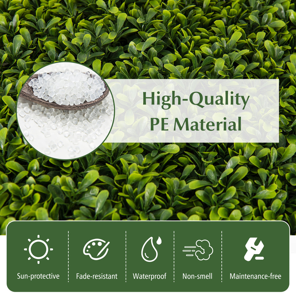 High-quality PE artificial hedge boxwood panels, 20" x 20", sun-protective, waterproof, and maintenance-free for DIY.