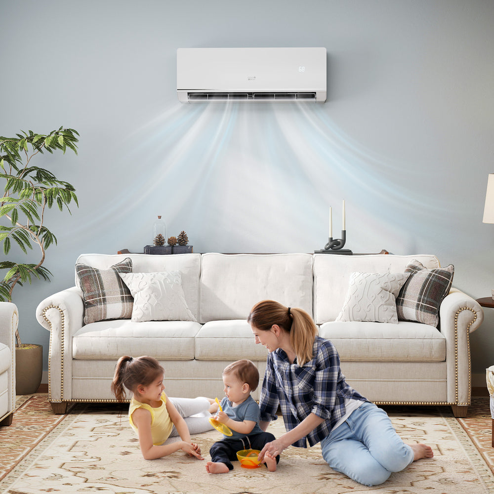 Mini split heat pump in a living room, providing efficient heating and cooling with remote control and inverter.