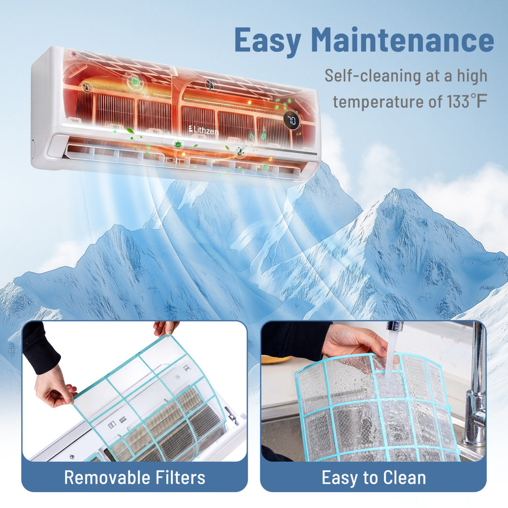Mini split air conditioner with self-cleaning feature, removable filters, and WiFi control for efficient cooling and.