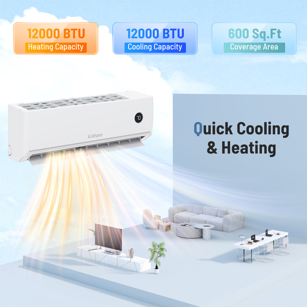Mini split air conditioner with 12000 BTU cooling and heating, WiFi control, for rooms up to 600 sq.ft.