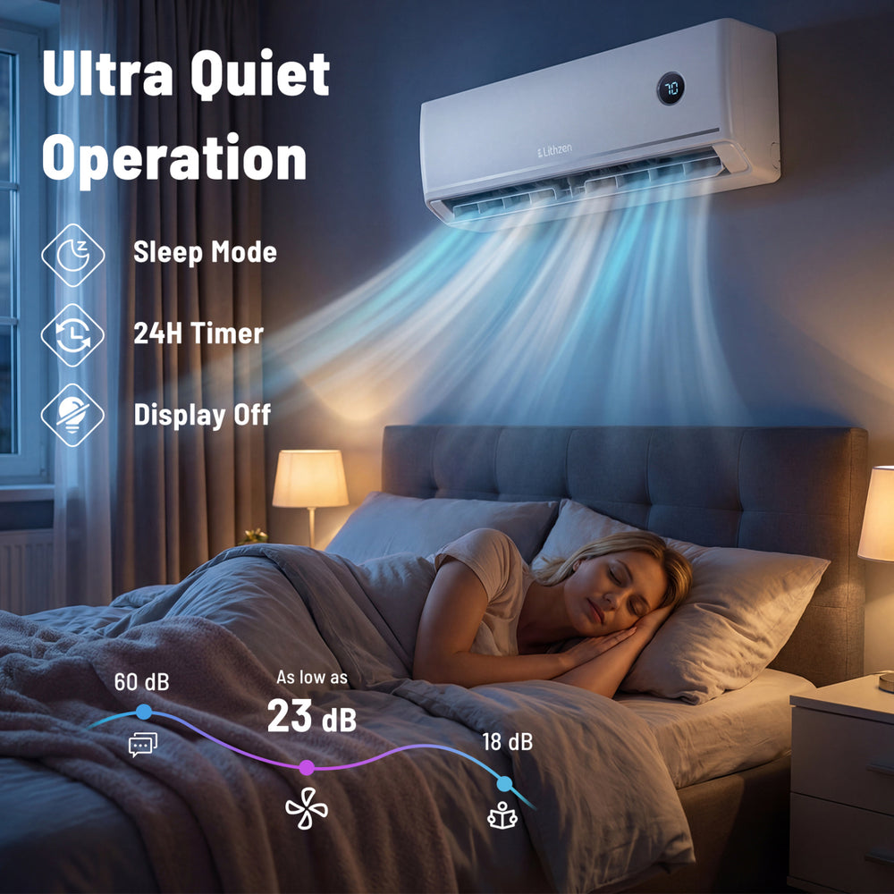 Mini split air conditioner with 12000 BTU cooling, WiFi control, and ultra-quiet operation for rooms up to 600 sq.ft.