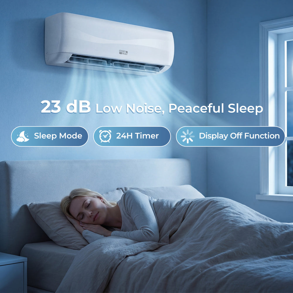 Mini split air conditioner with heat pump, 12000 BTU, 23 dB quiet operation, ideal for restful sleep and large spaces.