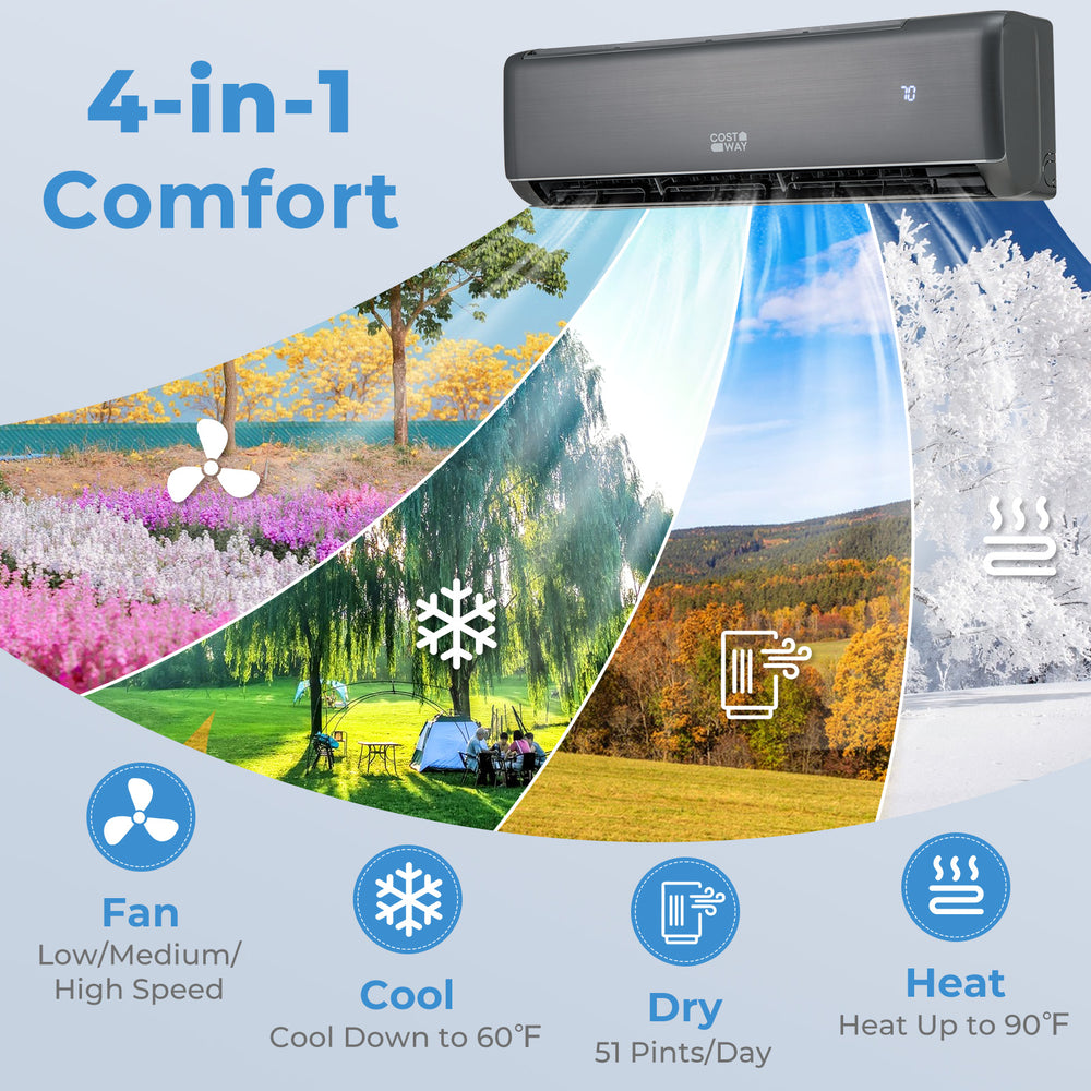 Mini split air conditioner and heater in gray, featuring 12000 BTU, 4-in-1 comfort, and energy-efficient inverter.