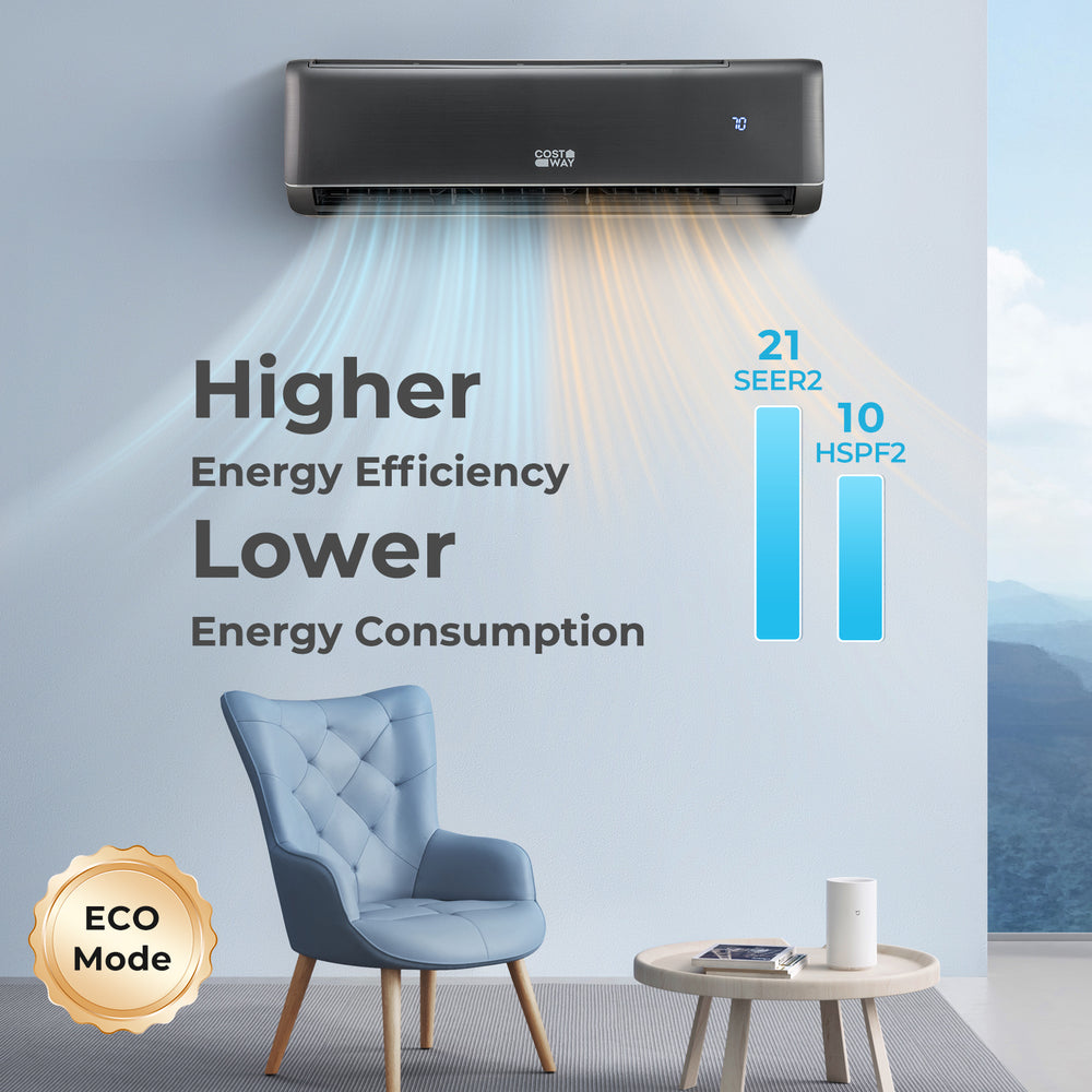 Mini split air conditioner and heater in gray, featuring 12000 BTU capacity, 21 SEER2, and energy-efficient design for.
