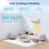 Mini split heat pump with 12000 BTU cooling and heating capacity, ideal for 750 sq. ft. areas, perfect for year-round.
